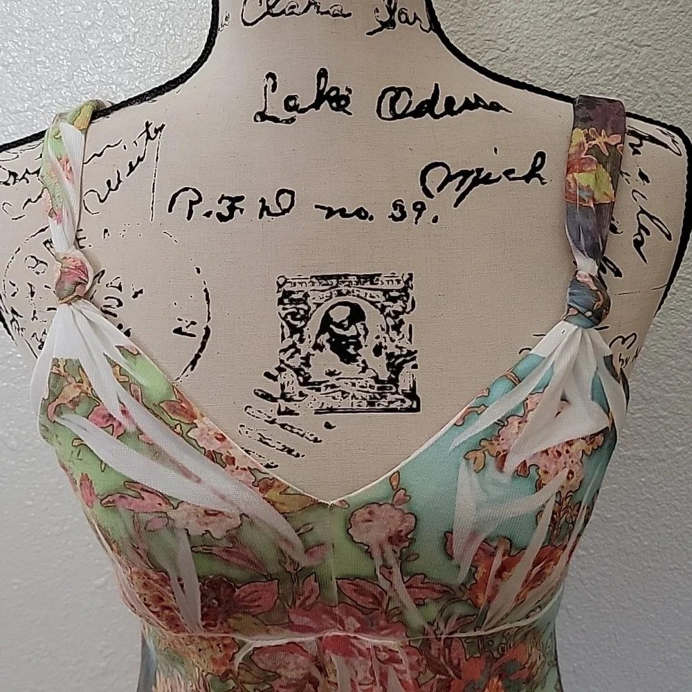 Vintage Floral Babydoll Tank Large Pastel Y2k 90s Fairy Cottagecore Stretchy - Picture 2 of 6
